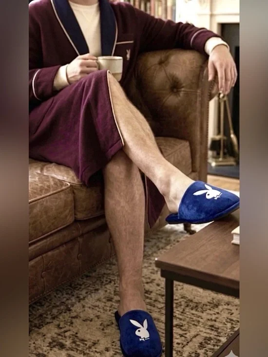 PLAYBOY MEN VELOUR SLIP ON SLIPPERS X 13/14 ROYAL BLUE MEMORY FOAM DAPPER RETRO