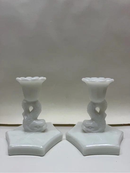 Vintage Westmoreland Milk Glass Dolphin Candle Holders - Set of 2
