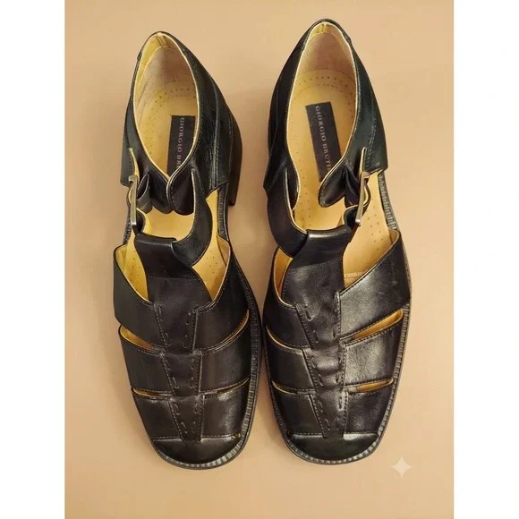 Giorgio Brutini Mens Black Leather Fisherman Sandals Square Toe Made in Brazil