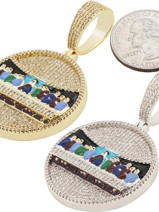 14k Yellow/White Gold Plated AAA Cubic Zirconia Last Supper Enamel Pendant