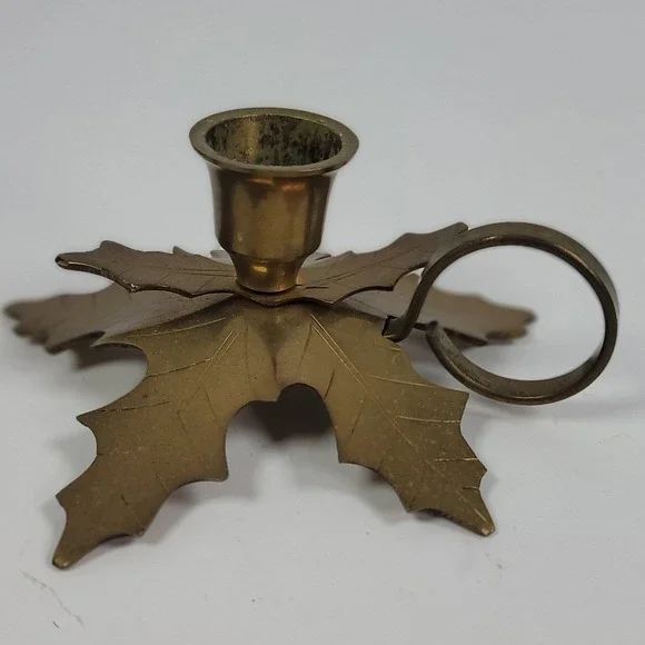 Vintage Brass Holly Leaf Candle Holder Finger Loop Chamberstick Christmas Decor