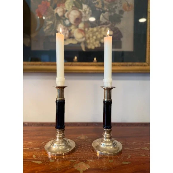 Vintage Brass Candlesticks with Black Glazed Ceramic Stem 7.5