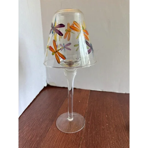 Hand Painted Dragonfly Glass Candle‎ Holder 2 Piece Pedestal Lamp 10.5in