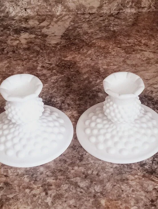Vintage Fenton White Milk Glass Hobnail Candle Stick Holder Set Of Two