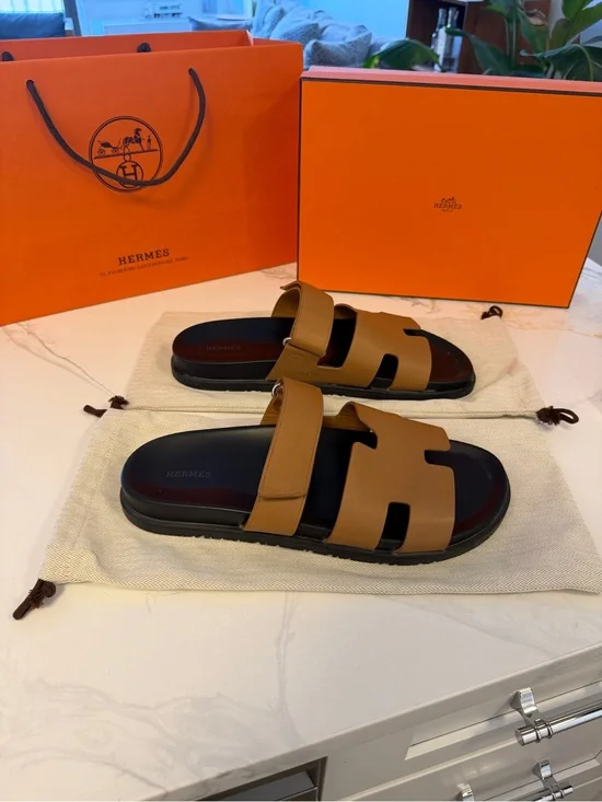 Hermes Men's Tan Leather 'Chypre' Slide Sandals