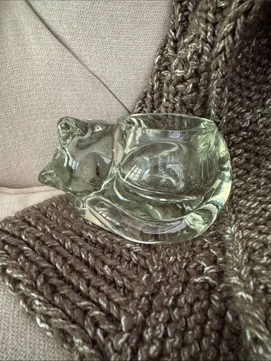 1980 Avon Crystal Glass Sleeping Cat Candle Holder Votive Tea Light