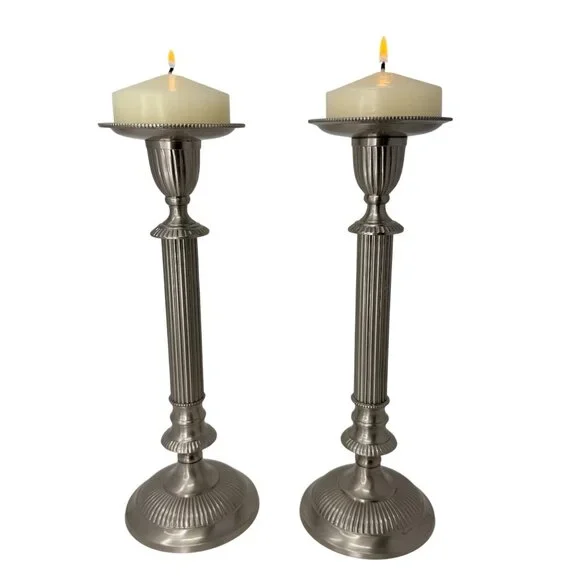 Heavy‎ Silver Pillar Taper Candle Holders Pair 12