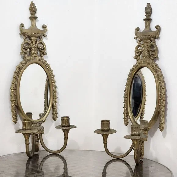 Vtg Maitland-Smith Mirrored Wall Sconces Pair Brass Bronze Vintage Candle Holder