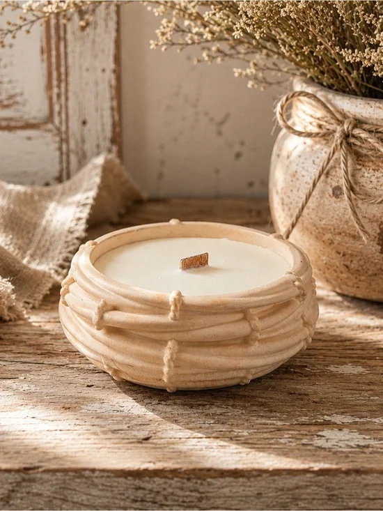 Cream Ceramic Bowl Candle with Wooden Wick - Home Accents