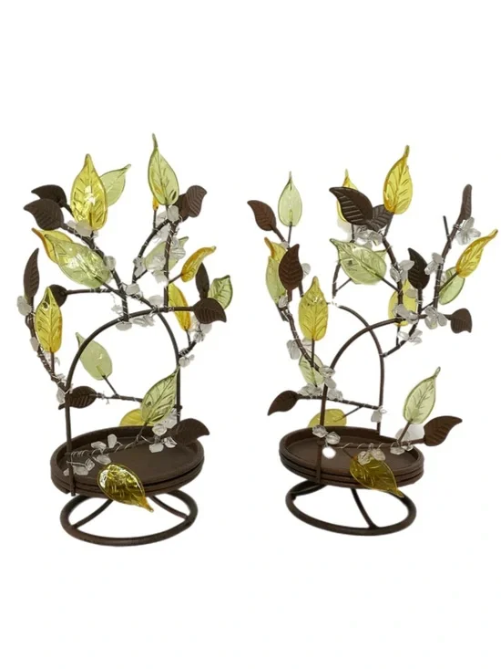 2 Pillar Candle Holders with Glass Leaves