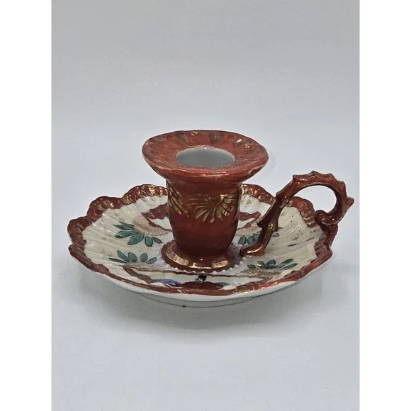 Kutani Nine Valleys‎ Japanese Red Porcelain Chamberstick Candle Holder Geisha