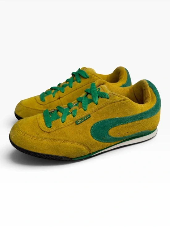 Duffs Vintage Mustard Yellow Green Suede Low Top Skate Sneakers Mens US 8 Retro