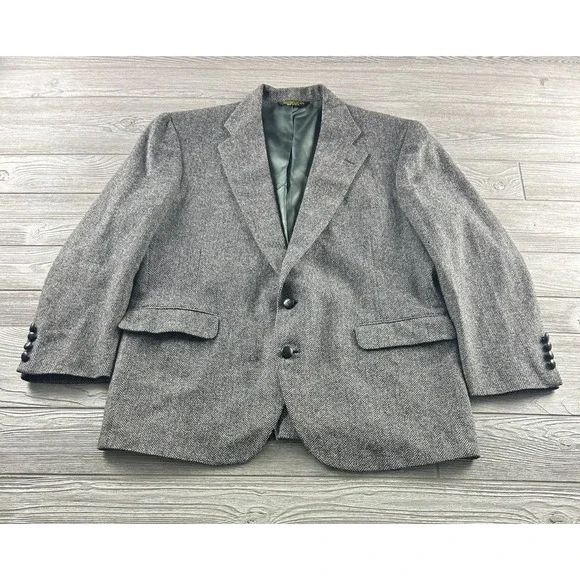 C&R Clothier Herringbone Wool Tweed Blazer Mens Sport Coat 46R Gray Jacket VTG