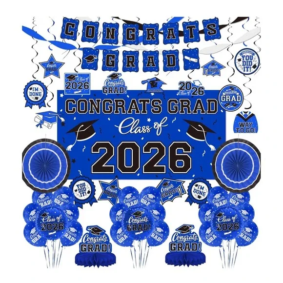 Huge New Lot Of Graduation Decor Blue Grad 2026 Banner Balloons $26 Value