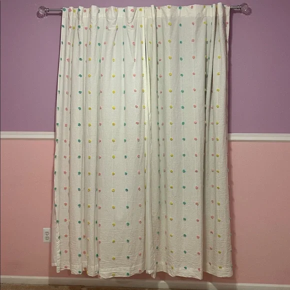 Pom Pom multi colored bundle of 2 curtain panels white‎ panes with Pom Poms