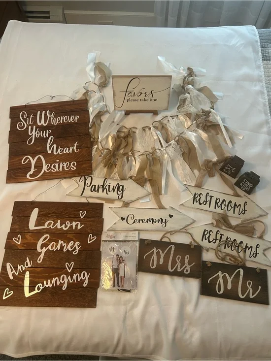 Rustic White & Brown Boho Outdoor Wedding Signs and Ribbon Garland Deco Bundle