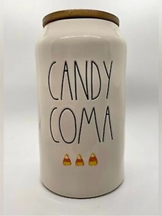 Rae Dunn Candy Coma Ceramic Treat Jar with Wood Lid - White