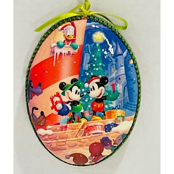 Walt Disney Mickey Minnie Mouse decoupage Christmas ornament ribbon vintage 1998