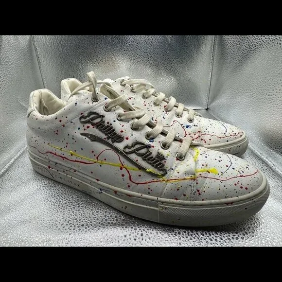 Size EU 45 - Philipp Plein Mens Leather Splatter Paint‎ Accused Sneakers Shoes