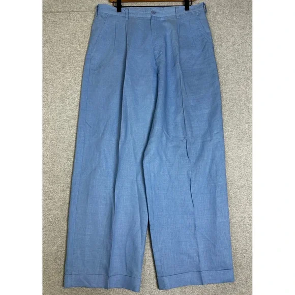 Domani Platinum Baggy Linen Trousers Mens 34 Blue Linen Cotton Pleated Cuffed