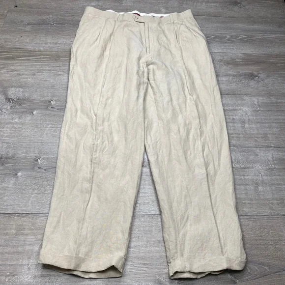 Louis‎ Raphael Pants Mens 38 Beige Linen Blend Pleated Cuffed Summer Beach Wide