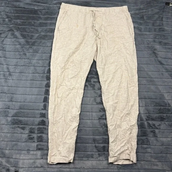 HM Mens Regular Fit Linen Blend Drawstring Pants Beige Oatmeal Size L