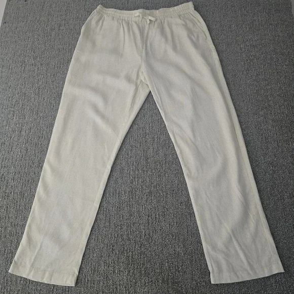 YoungLA L Linen Blend Pants Cream Drawstring Relaxed Straight Leg YLA Mens