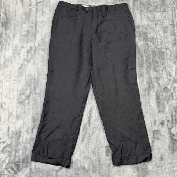 J Ferrar Mens Black 100% Wool Micro Check Dress Pants Made in Italy 38x27 Cuffed