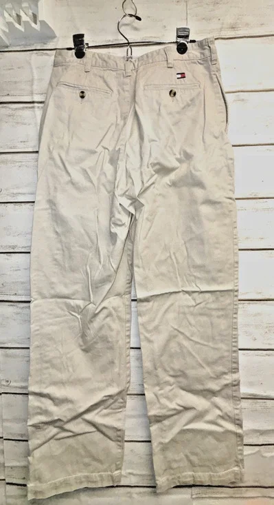33X33 Tommy Hilfiger Tan Khaki Chino Pants Mens Flat Front Logo Flag Cotton EUC