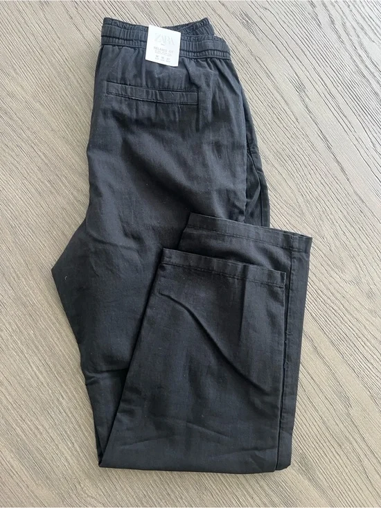 Zara Men's Relaxed Fit Cotton-Linen Pants Black Medium