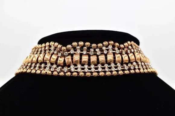 Vintage Crystal Choker Necklace Gold Tone Prong Rhinestone Chunky 1990s BinA17