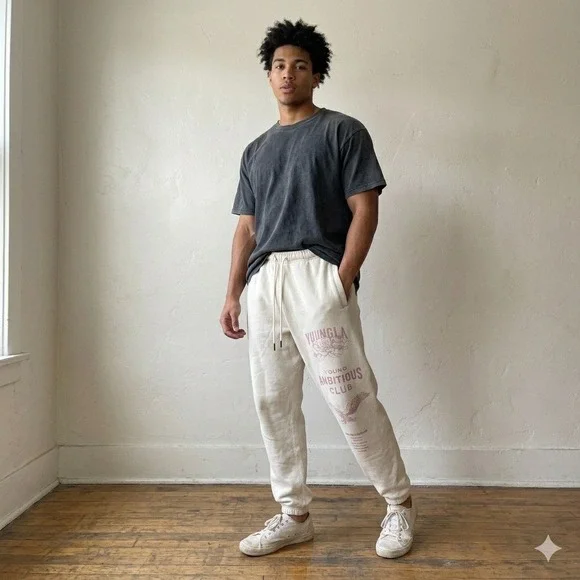 YoungLA Young‎ Ambitious Club Pants Mens Medium Cream Graphic Joggers Gymwear