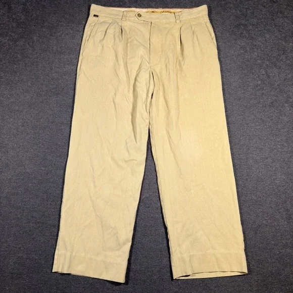 Tommy Bahama Pleated Pants Mens 34x27 Tan Silk Casual‎ Chino Beach Vacation Hem