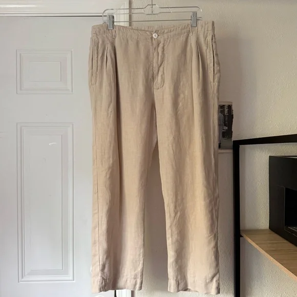 ALEXANDER YAMAGUCHI tan linen‎ slim straight leg cropped trousers pants