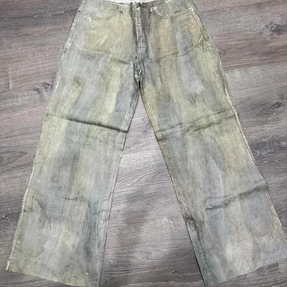 Opera Rock Hand Painted 100% Linen Wide Leg Pants Grey Green Mens 32
