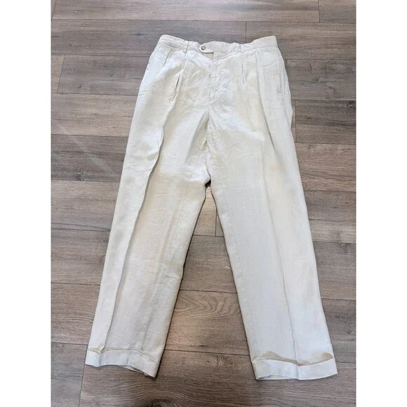 Daniel Cremieux Mens 34X32 100% Linen Beige Pleated Cuffed Beach Casual Pants