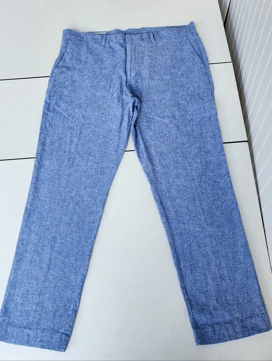 PERRY ELLIS Portfolio Pants Cotton Linen Slim Fit Travel Luxe Bay Blue 36X30