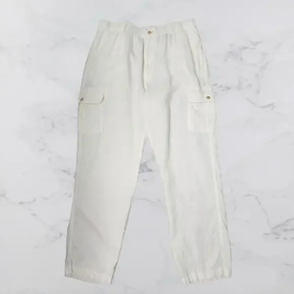 Caribbean Men's Ivory White Linen Pants Size 40 x 32 Cargo Pockets