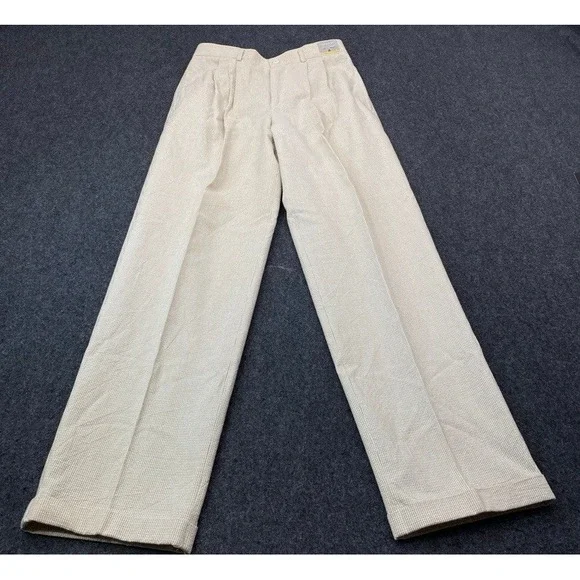 NWT VTG Claiborne Dress Pants Men 30R Beige Micro Check Pleated Cuffed Cotton