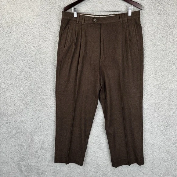 St Croix Dress‎ Pants Men 35x28 Brown Pleated Trousers Silk Wool Italy