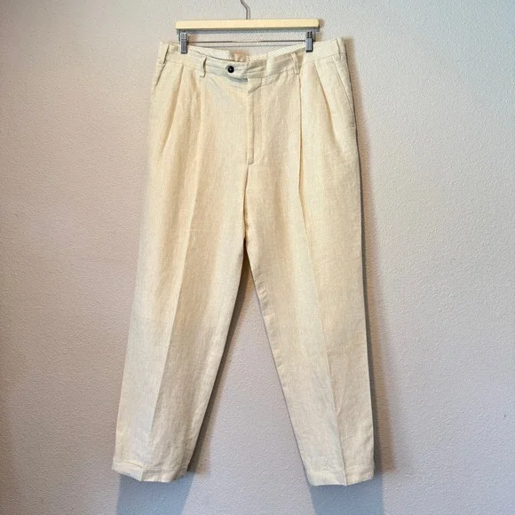 Luigi Baldo Mens 38x32 Tollegno 1900 Pure Linen Pleated Trousers Cream Italy