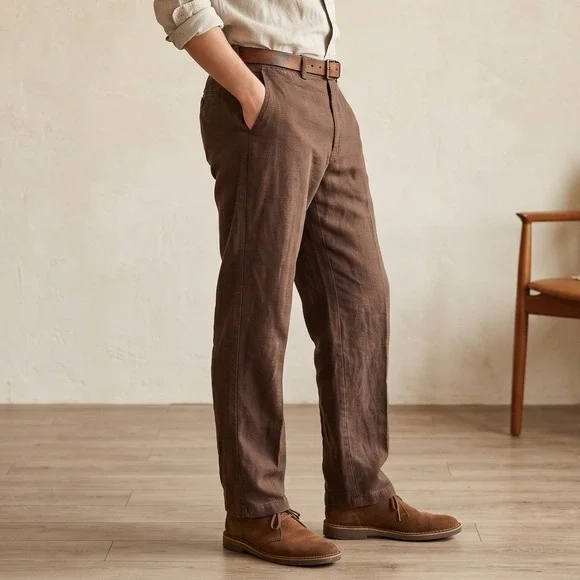 Vintage 90s J.Crew Men Pants 34R Brown Cotton Linen Canvas Gorpcore Workwear