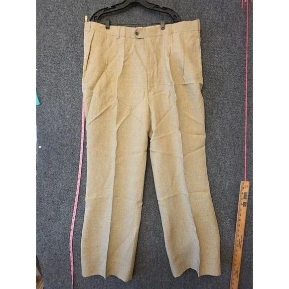 Paul Fredrick Dress Pants Mens 44x36 Beige Linen Classic Flat Front Summer