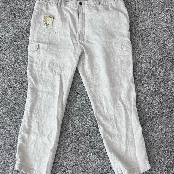 NWT! Caribbean 100% Linen Oatmeal Elastic Drawstring Waist Cargo Pants Mens46*32