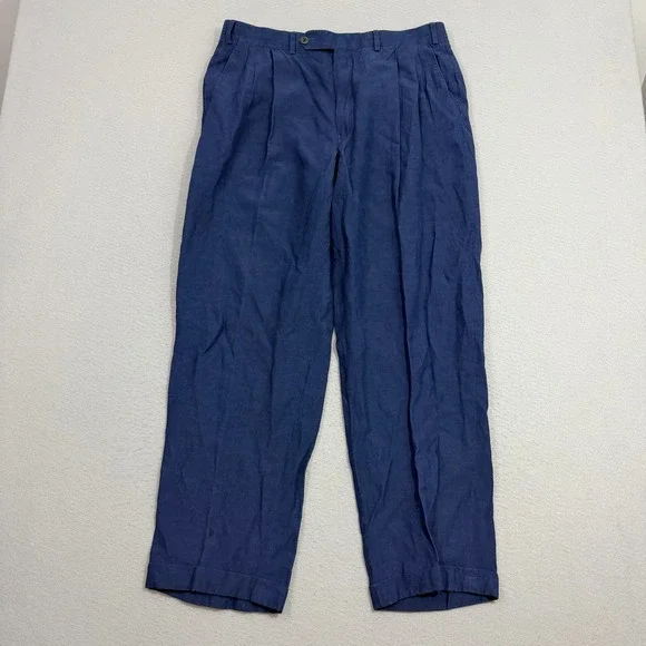 Vintage Samuelsohn Linen Pants Men's 34x30 Blue Pleated Trousers Dress Loose Fit