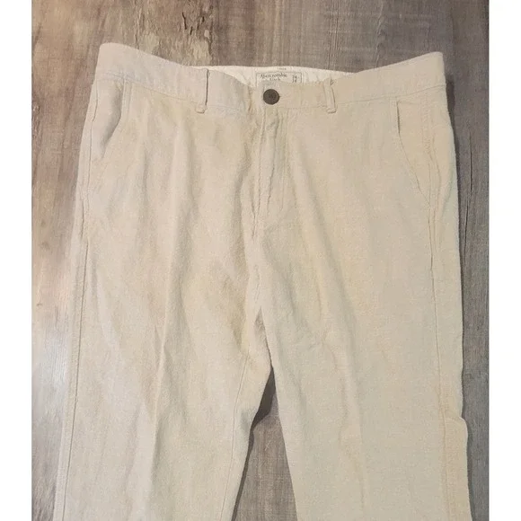 Abercrombie & Fitch Mens Linen Blend Straight Leg Pants Beige 34x34 Khaki