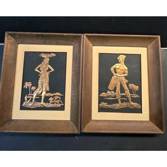 Vintage Mid Century Copper Relief Tiki Art Pair Balinese Polynesian Island Dance