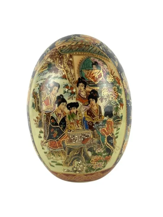 Large Chinese Ceramic Decorative Egg 9 inch Hand Painted Asian Women Floral Gold