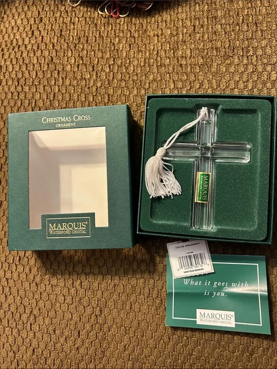 Waterford Crystal Clear Cross Ornament with White Tassel. Made in Germany.