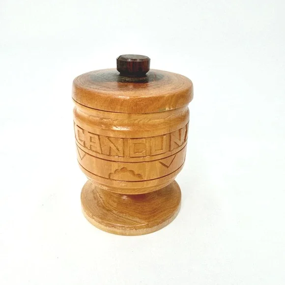 Vintage Hand Carved Wood Cancun Mexico Trinket Box Jar with‎ Lid Pedestal 4.5